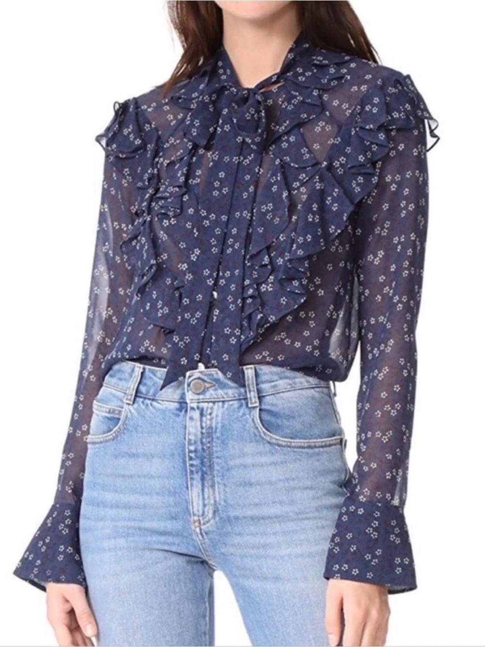 Veronica Beard Finley Ruffle Tie-Neck Floral Silk Chiffon Blouse Size 0